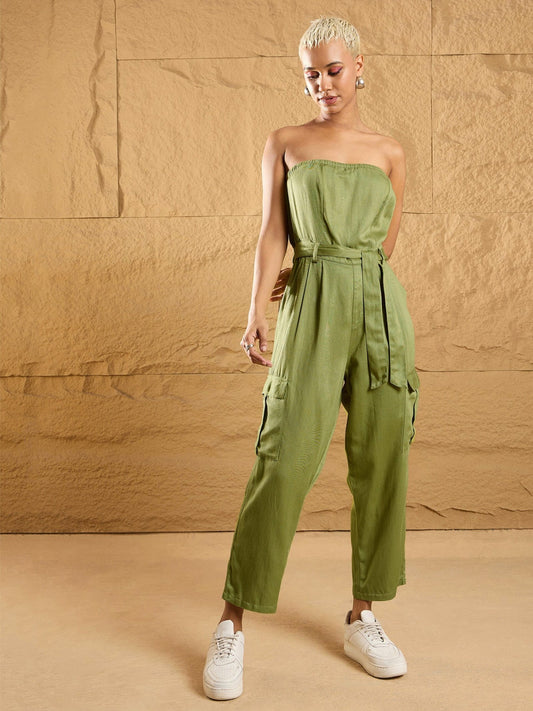 Women Olive Twill Off-Shoulder Jumpsuit