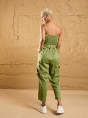 Women Olive Twill Off-Shoulder Jumpsuit