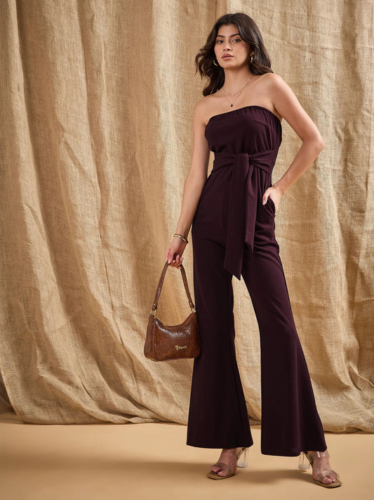 Women Burgundy Off-Shoulder Belted Jumpsuit