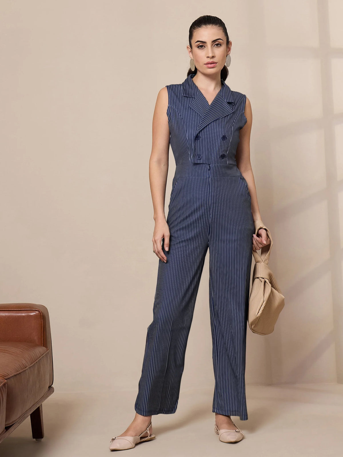 Women Navy Striped Notch Collar Jumpsuit