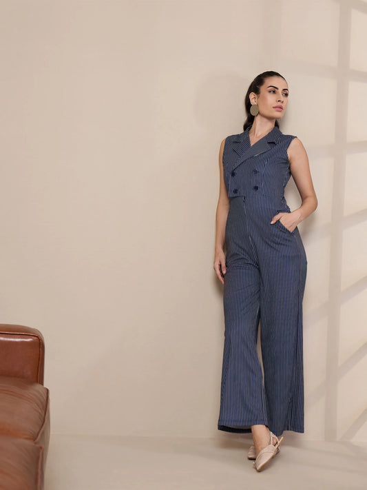 Women Navy Striped Notch Collar Jumpsuit