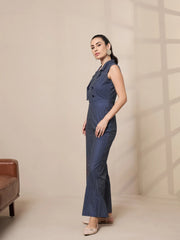 Women Navy Striped Notch Collar Jumpsuit