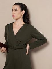 Women Olive V-Neck Belted Jumpsuit