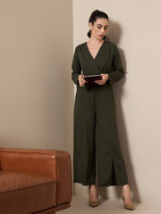 Women Olive V-Neck Belted Jumpsuit