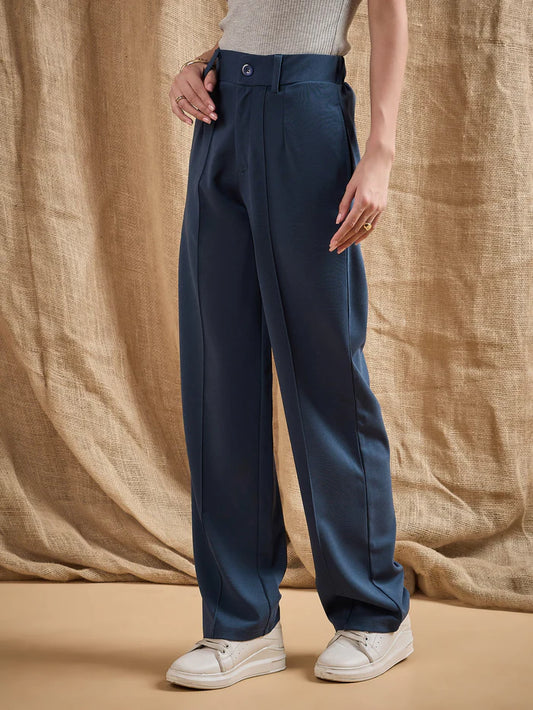 Sasafaras - Women Airforce Blue Front Darted Strechable Pants