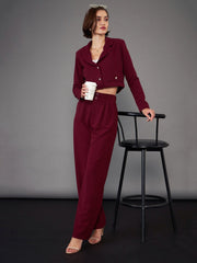 Women Burgundy Pleated Straight Pants