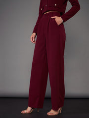 Women Burgundy Pleated Straight Pants