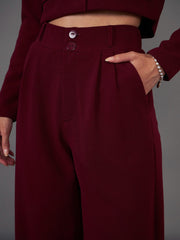 Women Burgundy Pleated Straight Pants