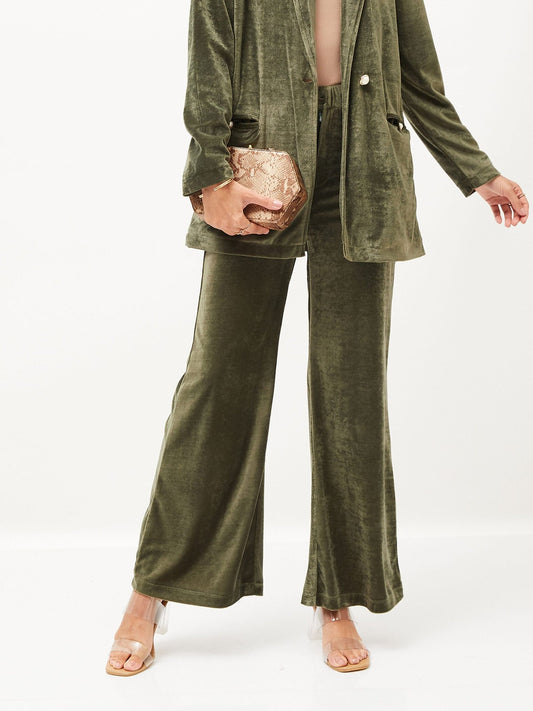 Women Olive Velvet Bell Bottom Pants