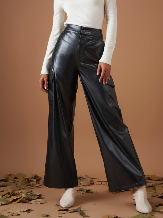 Women Black PU Flap Pocket Straight Pants