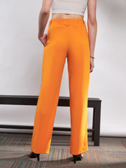 Women Orange Front Darted Knitted Straight Pants