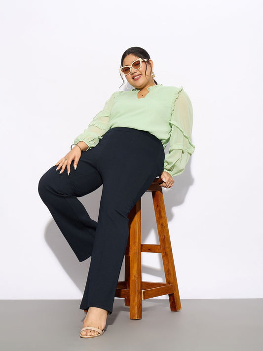 Women Navy Front Seam Straight Pants