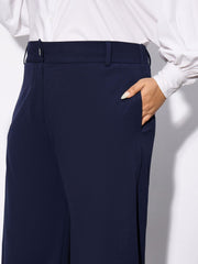 Women Navy Hem Button Detail Straight Pants