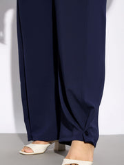 Women Navy Hem Button Detail Straight Pants