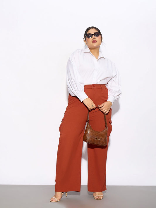 Women Rust Pleated Detail Straight Pants