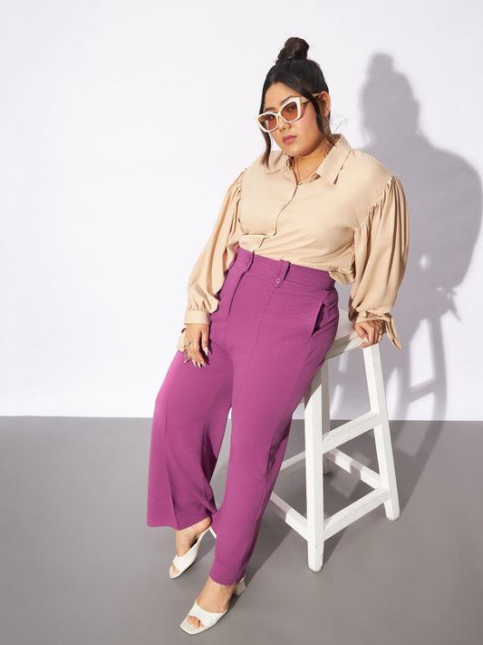 Women Pink Front Loop Detail Bell Bottom Pants