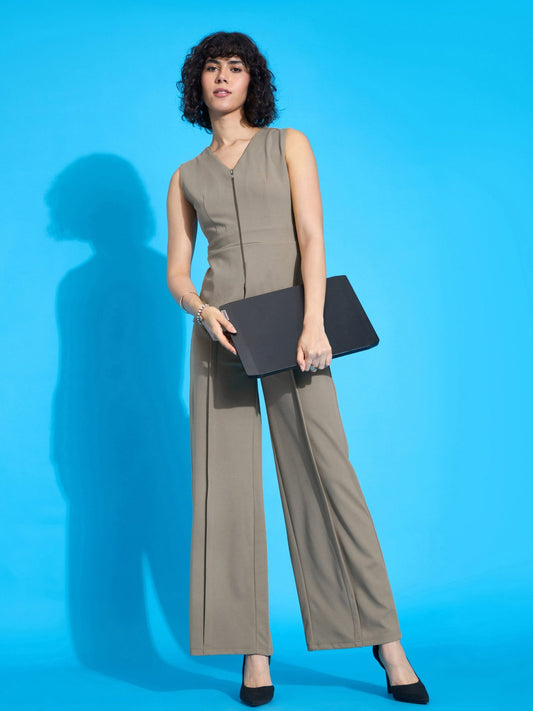 Women Beige Front Pleated Straight Fit Trousers