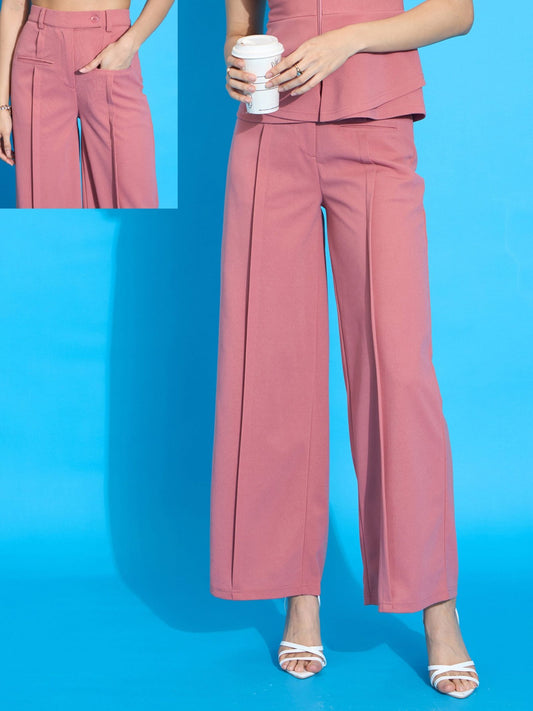 Women Peach Front Pleated Straight Fit Trousers