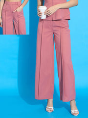 Women Peach Front Pleated Straight Fit Trousers