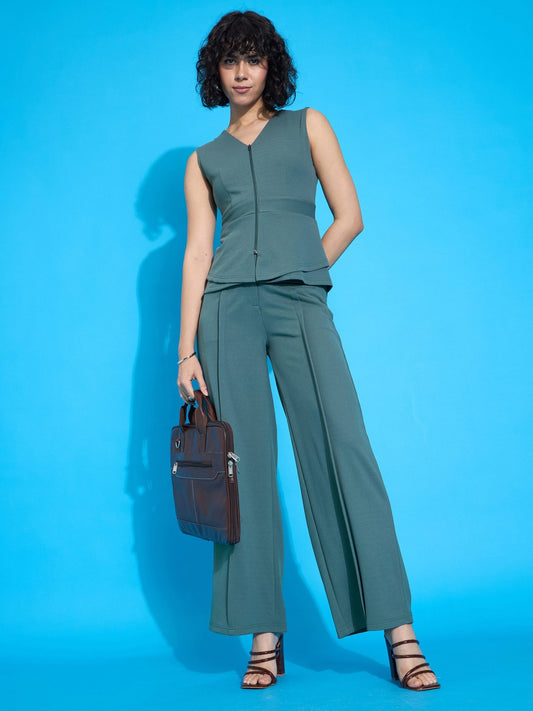 Women Green Front Pleated Straight Fit Trousers