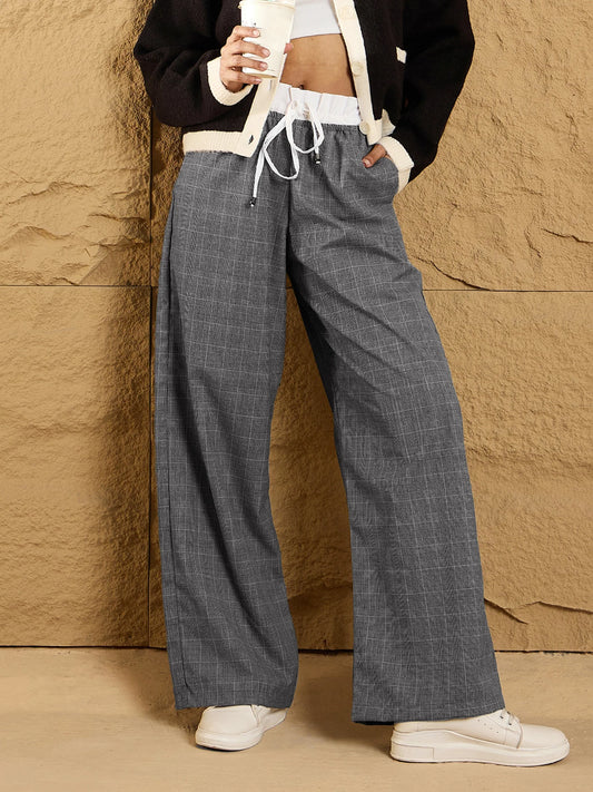 Women Black & Grey Check Contrast Paperback Waist Pants