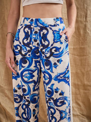 Women Blue Printed Straight Fit Pants