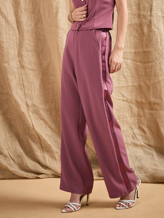 Women Dark Pink Straight Fit Side Tape Pants