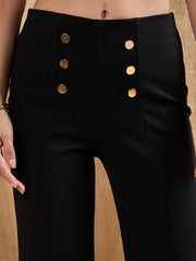 Women Black Front Button Flared Bell Bottom Pants