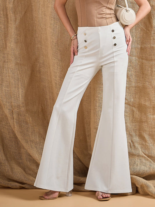 Women White Front Button Flared Bell Bottom Pants