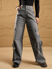 Women Grey Pocket Loop Detail Cargo Pants