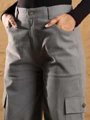 Women Grey Pocket Loop Detail Cargo Pants