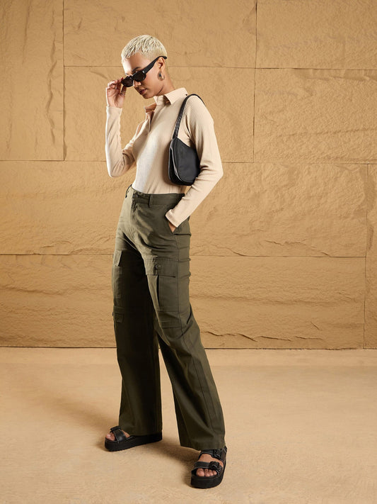 Women Olive Front Pocket Straight Fit Pants