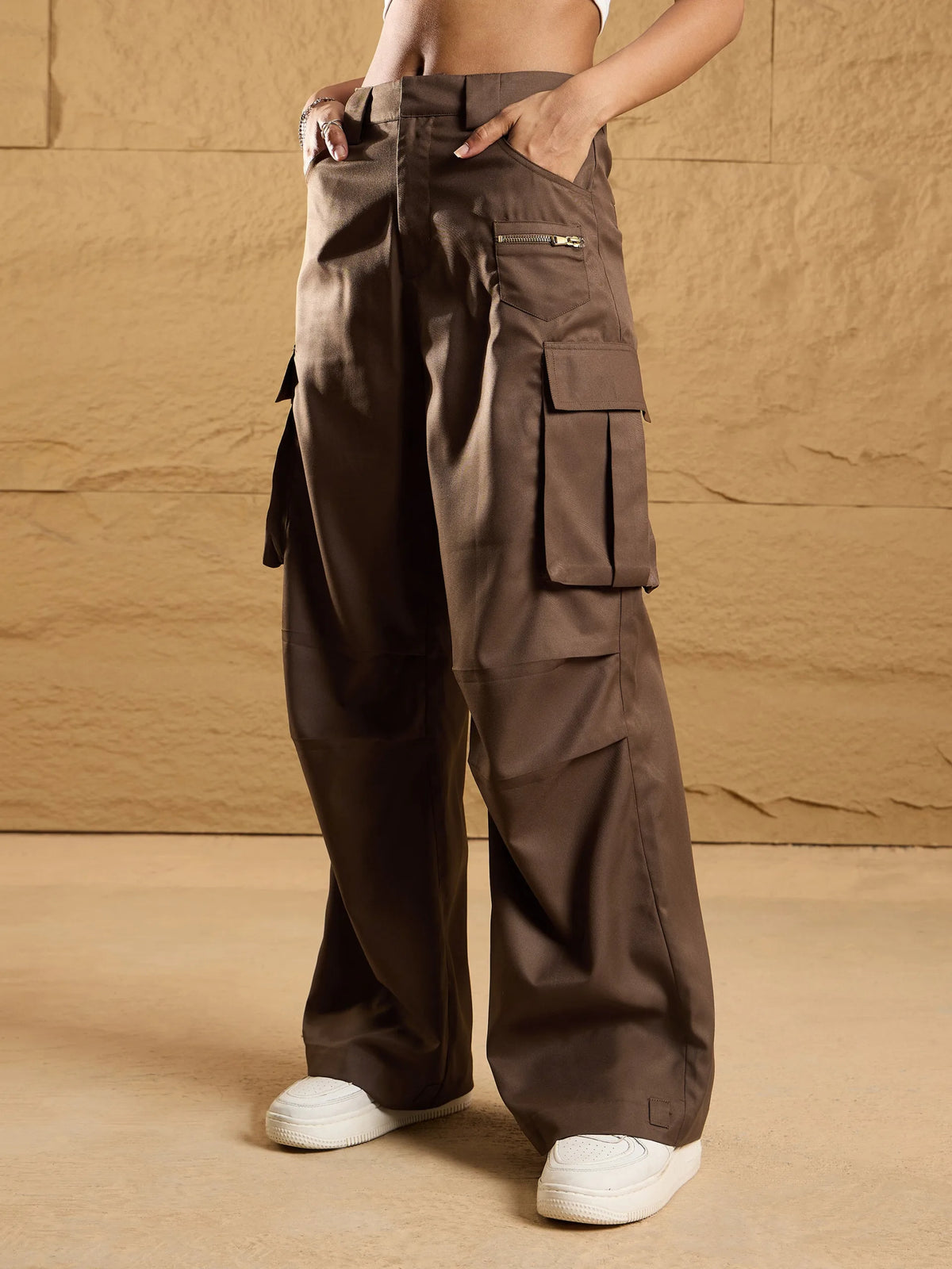 Women Brown Side Pockets Parachute Korean Cargo Pants