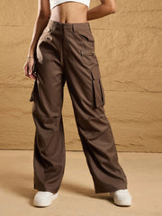 Women Brown Side Pockets Parachute Korean Cargo Pants