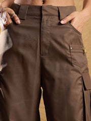 Women Brown Side Pockets Parachute Korean Cargo Pants