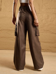 Women Brown Side Pockets Parachute Korean Cargo Pants