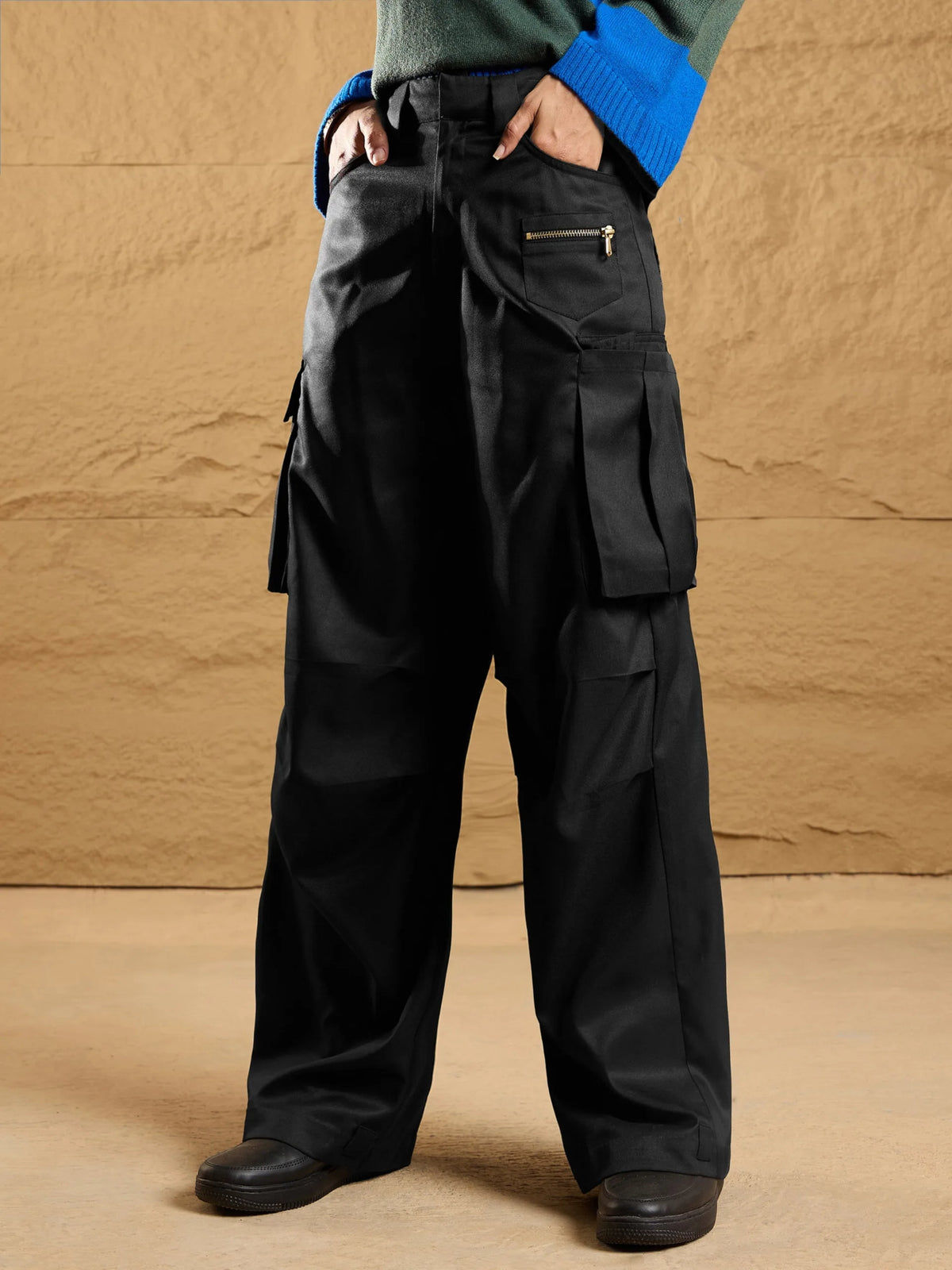 Women Black Side Pockets Parachute Korean Cargo Pants