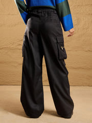 Women Black Side Pockets Parachute Korean Cargo Pants