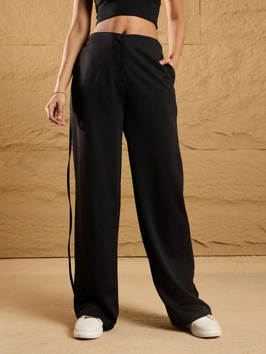 Women Black Side Dori Comfort Fit Korean Pants