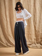 Women Grey Contrast Paperback Waist Korean Pants