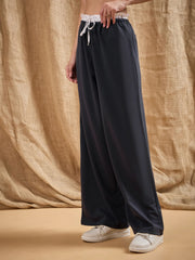 Women Grey Contrast Paperback Waist Korean Pants