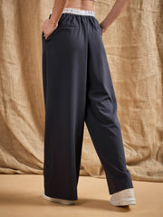 Women Grey Contrast Paperback Waist Korean Pants