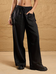 Women Black Waist Drawstring Cargo Pants