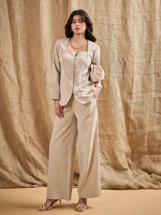 Women Beige Waist Darted Comfort Fit Pants