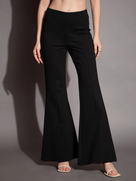 Women Black Bootcut Flared High-Rise Trousers