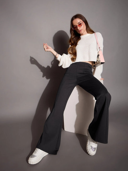 Women Grey Bootcut Flared High-Rise Trousers