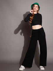 Women Black Rib Drawstring Pants