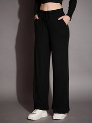 Women Black Rib Drawstring Pants