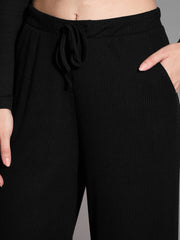 Women Black Rib Drawstring Pants