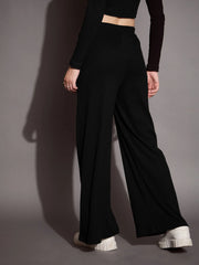 Women Black Rib Drawstring Pants